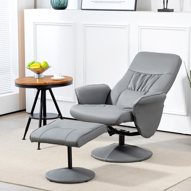 Swivel Recliner Armchair with Ottoman and Footstool, High Back PU Leather Reclining Chair - Light Grey