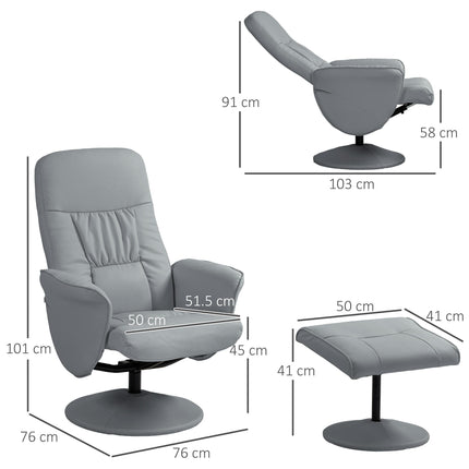 Swivel Recliner Armchair with Ottoman and Footstool, High Back PU Leather Reclining Chair - Light Grey