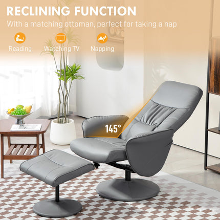 Swivel Recliner Armchair with Ottoman and Footstool, High Back PU Leather Reclining Chair - Light Grey