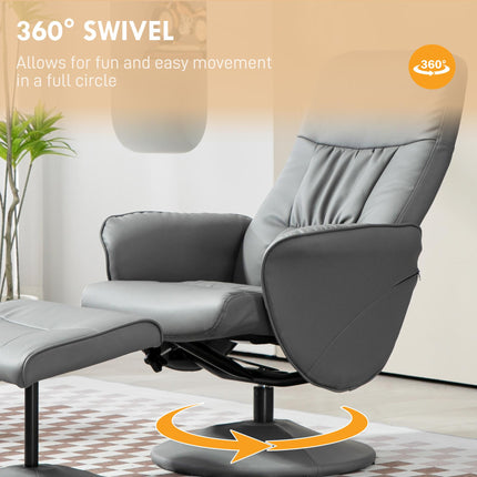 Swivel Recliner Armchair with Ottoman and Footstool, High Back PU Leather Reclining Chair - Light Grey