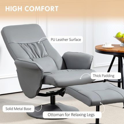 Swivel Recliner Armchair with Ottoman and Footstool, High Back PU Leather Reclining Chair - Light Grey