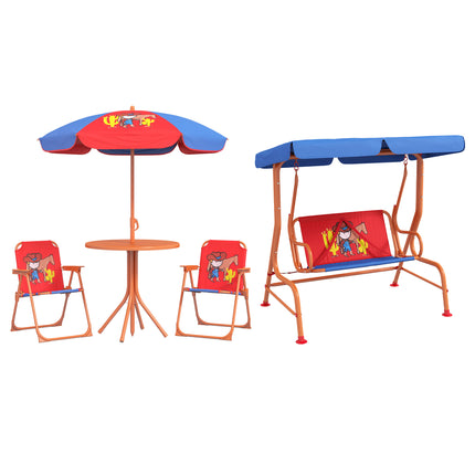4 Piece Kids Garden Furniture Set with Adjustable Canopy and Double Seat Swing Chair, Cowboy Theme, Ages 3-6 - Red and Blue