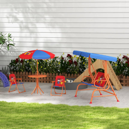 4 Piece Kids Garden Furniture Set with Adjustable Canopy and Double Seat Swing Chair, Cowboy Theme, Ages 3-6 - Red and Blue