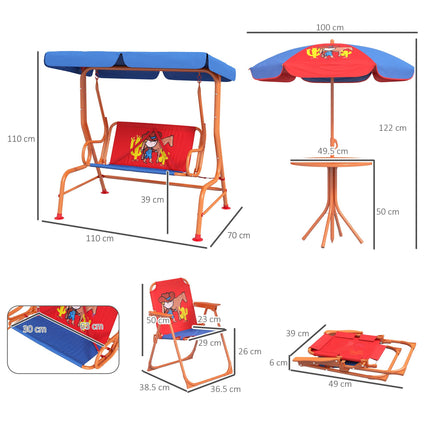 4 Piece Kids Garden Furniture Set with Adjustable Canopy and Double Seat Swing Chair, Cowboy Theme, Ages 3-6 - Red and Blue