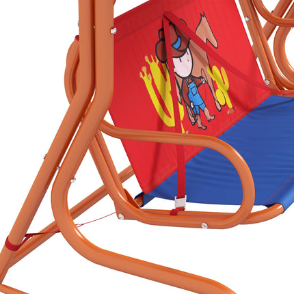 4 Piece Kids Garden Furniture Set with Adjustable Canopy and Double Seat Swing Chair, Cowboy Theme, Ages 3-6 - Red and Blue