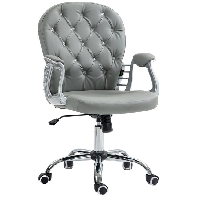 Ergonomic Office Chair with 360° Swivel, PU Diamante Padded Base & 5 Castor Wheels - Grey