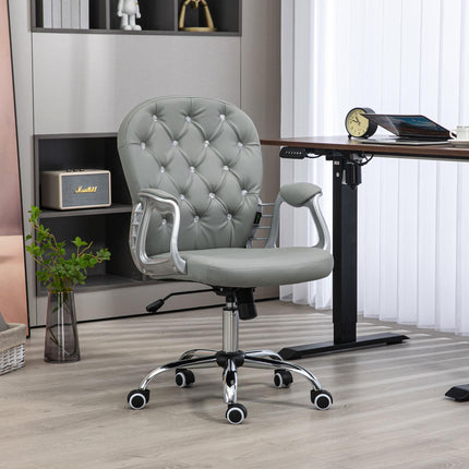 Ergonomic Office Chair with 360° Swivel, PU Diamante Padded Base & 5 Castor Wheels - Grey
