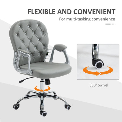Ergonomic Office Chair with 360° Swivel, PU Diamante Padded Base & 5 Castor Wheels - Grey