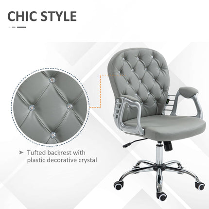 Ergonomic Office Chair with 360° Swivel, PU Diamante Padded Base & 5 Castor Wheels - Grey