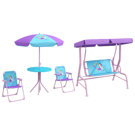 4PC Kids Garden Furniture Set with 2-Seater Swing Chair, Table, Chairs & Parasol for Toddlers 3-6 Years - Purple & Blue