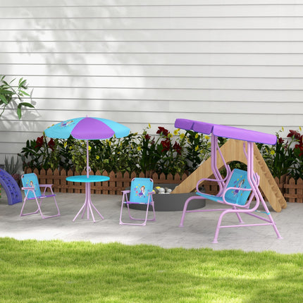 4PC Kids Garden Furniture Set with 2-Seater Swing Chair, Table, Chairs & Parasol for Toddlers 3-6 Years - Purple & Blue