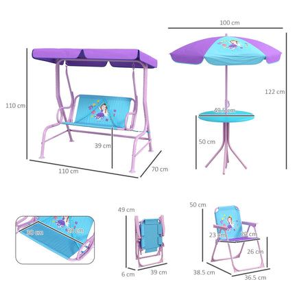 4PC Kids Garden Furniture Set with 2-Seater Swing Chair, Table, Chairs & Parasol for Toddlers 3-6 Years - Purple & Blue