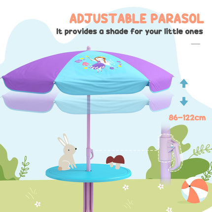 4PC Kids Garden Furniture Set with 2-Seater Swing Chair, Table, Chairs & Parasol for Toddlers 3-6 Years - Purple & Blue