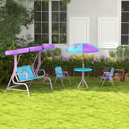 4PC Kids Garden Furniture Set with 2-Seater Swing Chair, Table, Chairs & Parasol for Toddlers 3-6 Years - Purple & Blue