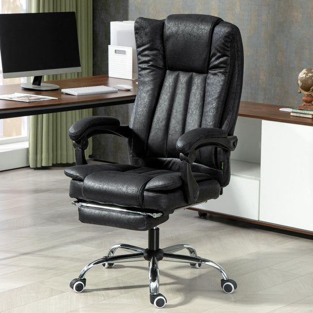 Microfibre Home Office Desk Chair with Reclining, Footrest, Armrests & Swivel Wheels - Black
