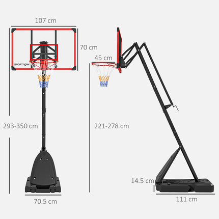 Adjustable 2.4-2.9m Basketball Hoop and Stand with Weighted Base and Wheels - Red