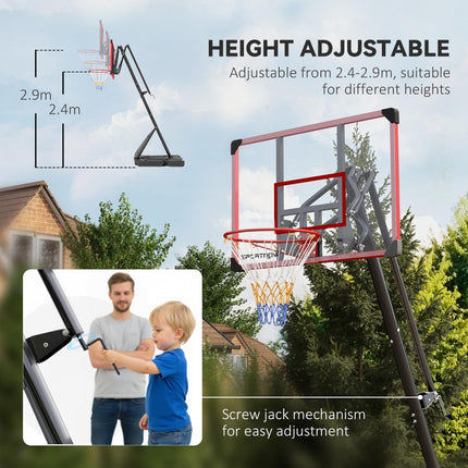 Adjustable 2.4-2.9m Basketball Hoop and Stand with Weighted Base and Wheels - Red