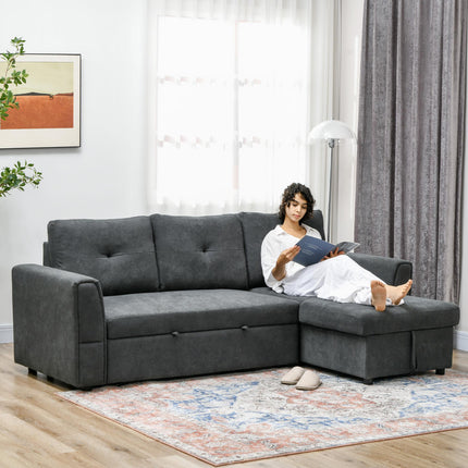 3 Seater L-Shaped Corner Sofa Bed with Storage and Click Clack Convertible Sectional - Dark Grey