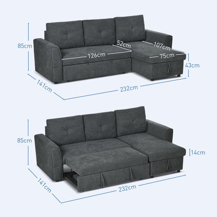3 Seater L-Shaped Corner Sofa Bed with Storage and Click Clack Convertible Sectional - Dark Grey