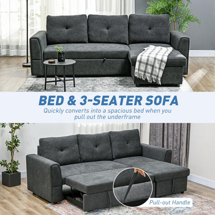3 Seater L-Shaped Corner Sofa Bed with Storage and Click Clack Convertible Sectional - Dark Grey