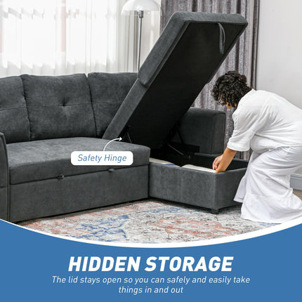 3 Seater L-Shaped Corner Sofa Bed with Storage and Click Clack Convertible Sectional - Dark Grey