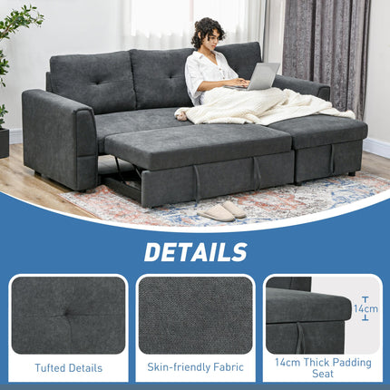 3 Seater L-Shaped Corner Sofa Bed with Storage and Click Clack Convertible Sectional - Dark Grey
