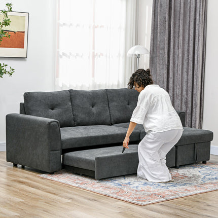 3 Seater L-Shaped Corner Sofa Bed with Storage and Click Clack Convertible Sectional - Dark Grey