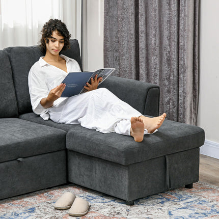 3 Seater L-Shaped Corner Sofa Bed with Storage and Click Clack Convertible Sectional - Dark Grey