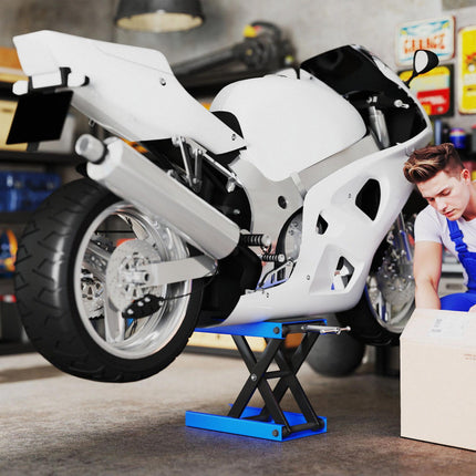 500KG Adjustable Motorcycle Lift Scissor Jack with Anti-Slip Wide Deck for Garage Use - Blue