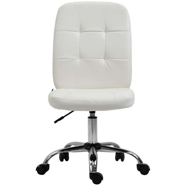 Armless Faux Leather Office Chair with Adjustable Height and Swivel Wheels - White