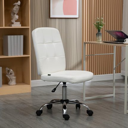 Armless Faux Leather Office Chair with Adjustable Height and Swivel Wheels - White