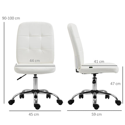 Armless Faux Leather Office Chair with Adjustable Height and Swivel Wheels - White
