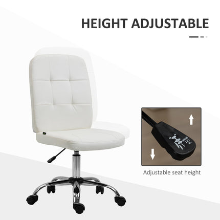 Armless Faux Leather Office Chair with Adjustable Height and Swivel Wheels - White