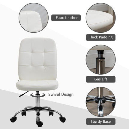 Armless Faux Leather Office Chair with Adjustable Height and Swivel Wheels - White