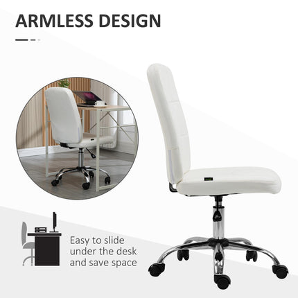 Armless Faux Leather Office Chair with Adjustable Height and Swivel Wheels - White