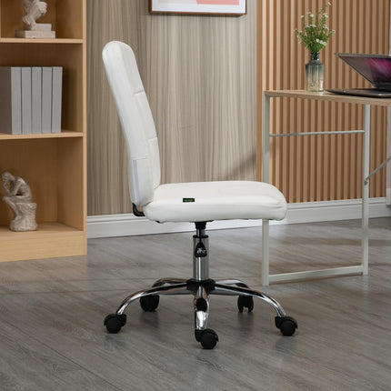 Armless Faux Leather Office Chair with Adjustable Height and Swivel Wheels - White