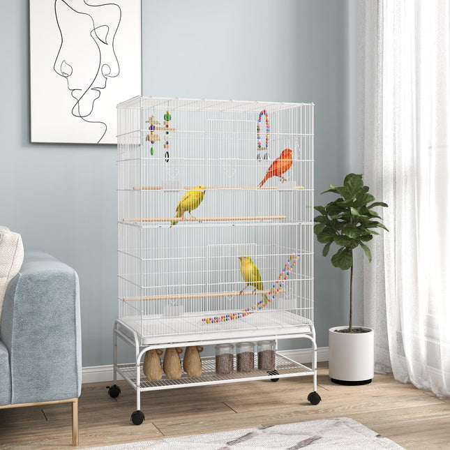 Bird Cage with Stand, Toys & Accessories for Canaries and Finches - White