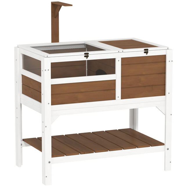 Wooden Tortoise House with Shelter, Run, Shelf, Lamp Holder, and Tray - Brown