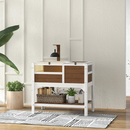 Wooden Tortoise House with Shelter, Run, Shelf, Lamp Holder, and Tray - Brown