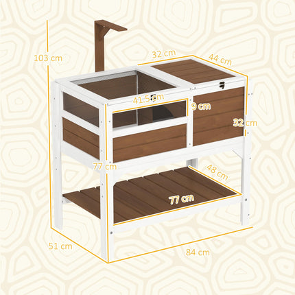 Wooden Tortoise House with Shelter, Run, Shelf, Lamp Holder, and Tray - Brown