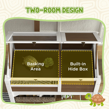 Wooden Tortoise House with Shelter, Run, Shelf, Lamp Holder, and Tray - Brown