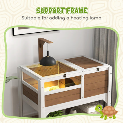 Wooden Tortoise House with Shelter, Run, Shelf, Lamp Holder, and Tray - Brown