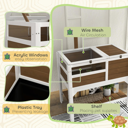Wooden Tortoise House with Shelter, Run, Shelf, Lamp Holder, and Tray - Brown