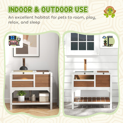 Wooden Tortoise House with Shelter, Run, Shelf, Lamp Holder, and Tray - Brown