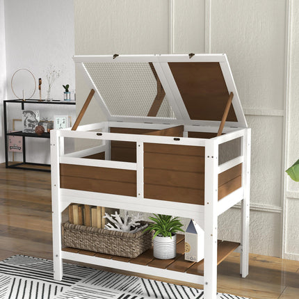 Wooden Tortoise House with Shelter, Run, Shelf, Lamp Holder, and Tray - Brown