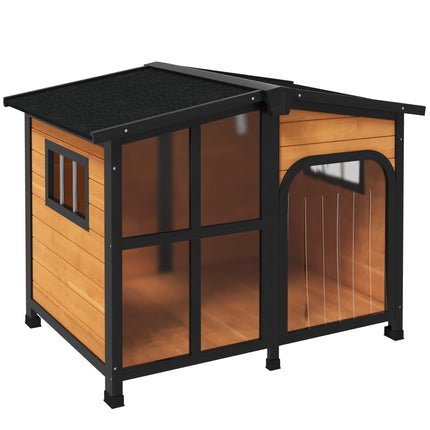 Wooden Dog Kennel with Removable Floor, Asphalt and Openable Roof, Large Window,