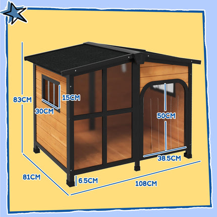 Wooden Dog Kennel with Removable Floor, Asphalt and Openable Roof, Large Window,