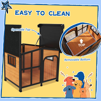 Wooden Dog Kennel with Removable Floor, Asphalt and Openable Roof, Large Window,