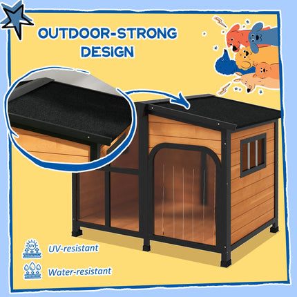 Wooden Dog Kennel with Removable Floor, Asphalt and Openable Roof, Large Window,