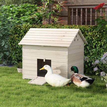 Wooden Duck House Poultry Coop for 2-4 Ducks with Openable Roof, Raised Feet & Air Holes - Natural
